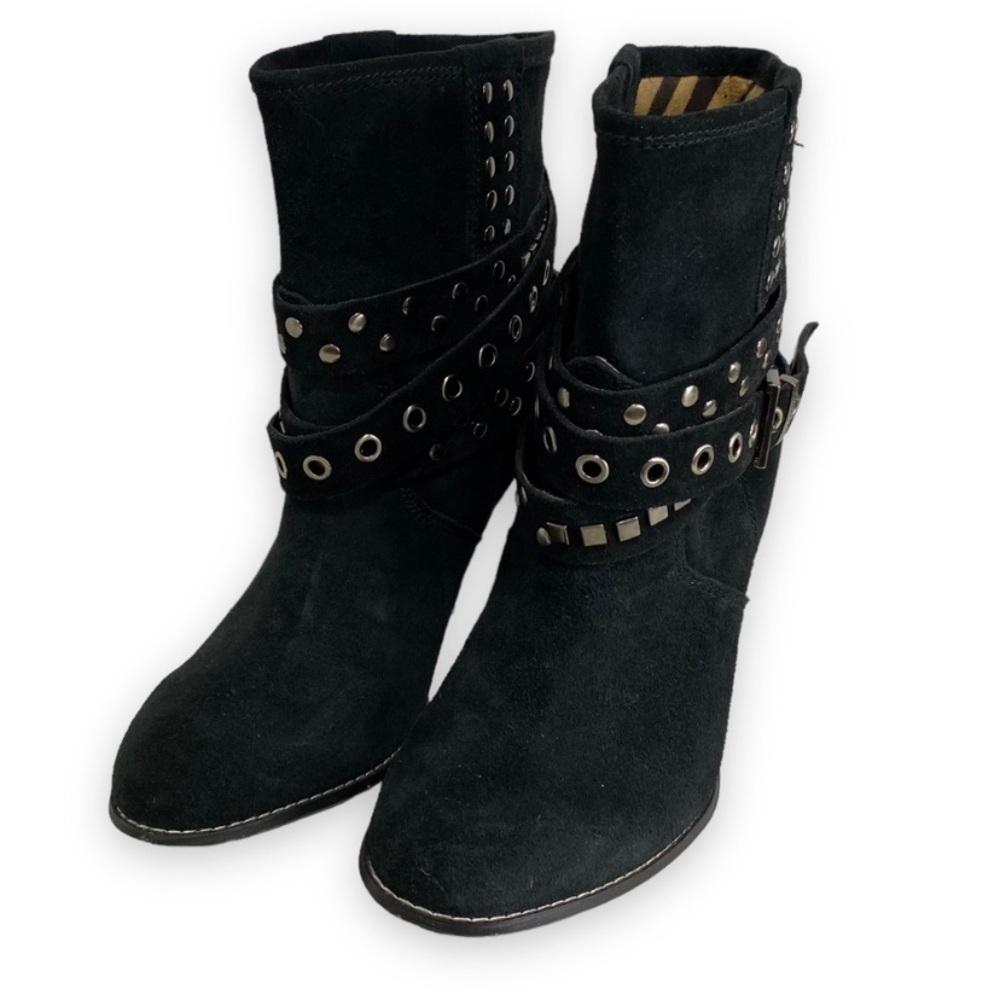 libby Edelman - Black Suede STudded Wrap Buckle Heeled Boot - Size 9.5 China - Picture 5 of 13